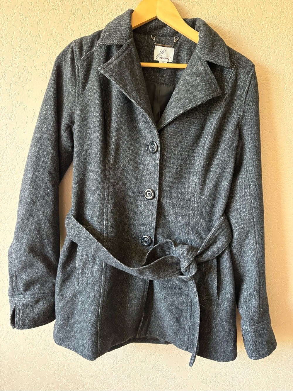 J2 bhy JouJou Women's Small Black Pattern Pea Coat Belted